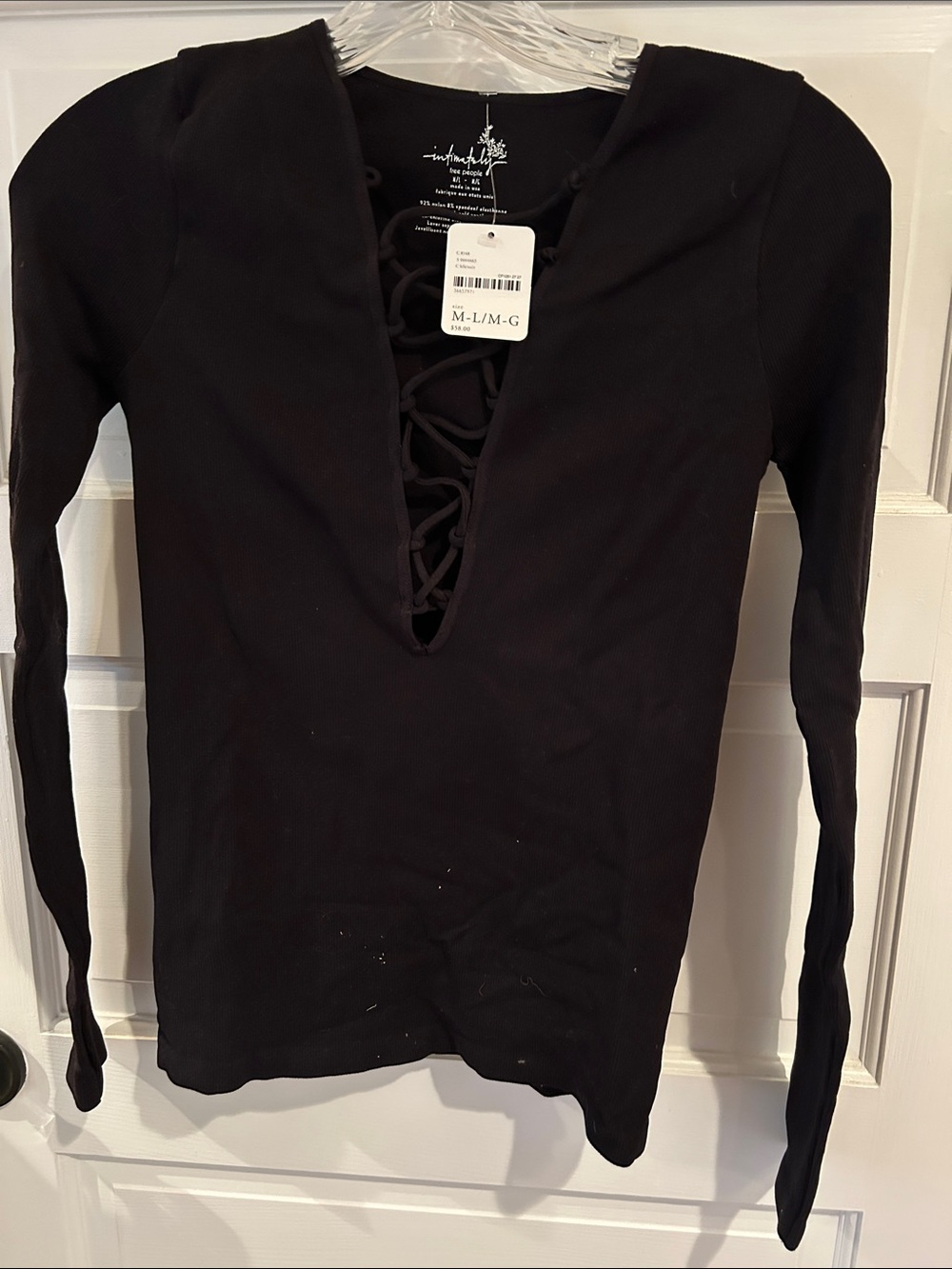 Black Lace-Up V-Neck Long Sleeve Top - M/L